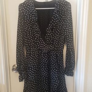 Pin Dot Ruffle Hem Dress, Casual V Neck Long Sleeve Dress